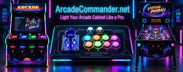 Arcade Commander: an arcade cabinet, a lit control panel and a pinball machine, with the ArcadeCommander.net wordmark.