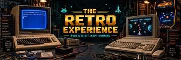 The Retro Experience: a Commodore 64 and an Amiga on a workbench with an arcade cabinet, under the wordmark.