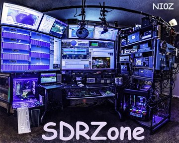 The NI0Z station: banks of monitors running SDR waterfalls beside racked transceivers, with the SDRZone wordmark.
